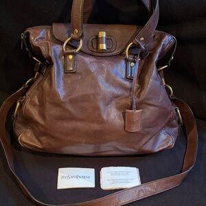Authentic Yves Saint Laurent Chocolate Brown Leather Tote with Gold Hardware